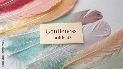 Gentle pastel feathers with an inspiring message of gentleness in a soft and soothing composition for relaxation