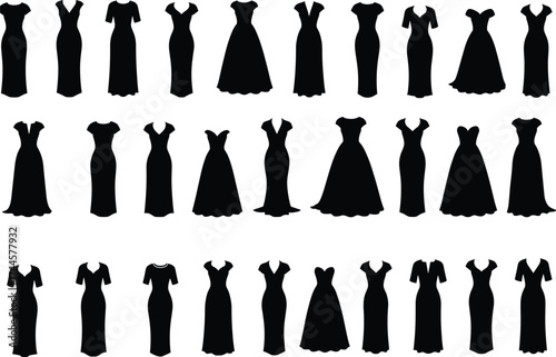Black dress silhouette vector set, fashion illustration, diverse formal wear styles, neckline and sleeve variation, elegant design, chic, couture
