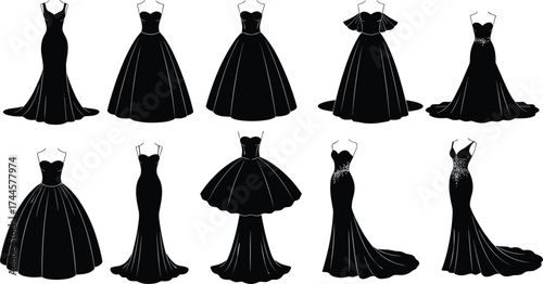 Black evening gown illustration set, formal dress design, fashion sketch on hanger, elegant silhouette concept, neckline and style variation