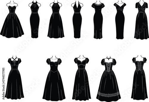 Black dress vector set, fashion mannequin illustration, vintage and modern gown silhouettes, formal wear collection, stylish outfit design, couture, elegant