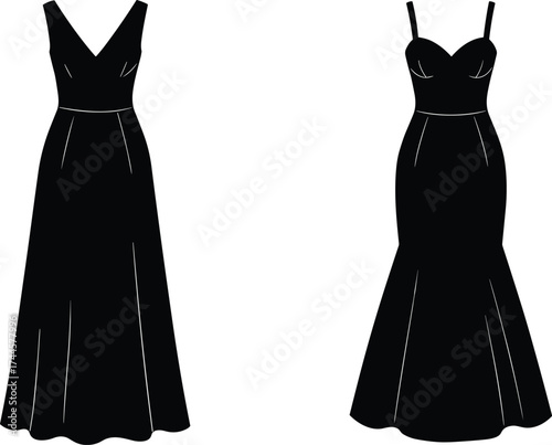 Black evening gown vector set, fashion illustration, elegant dress silhouettes, V-neck and sweetheart neckline styles, formal wear, chic, couture