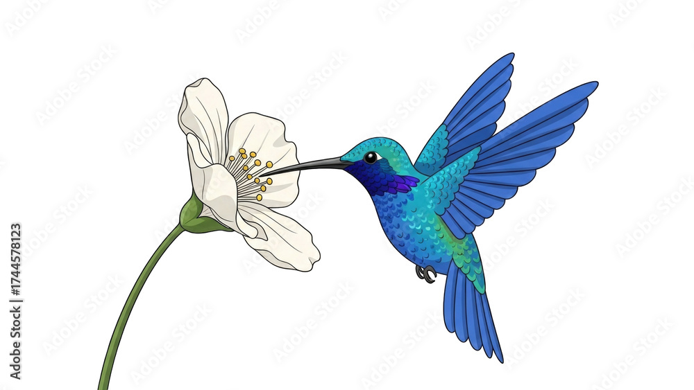Obraz premium blue and green hummingbird hovers while feeding nectar from a delicate white flower on a plain background.