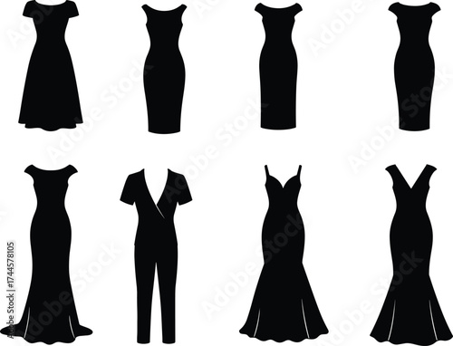 Black formal wear vector set, fashion silhouette illustration, elegant dress and jumpsuit styles, neckline and sleeve variation, chic, couture