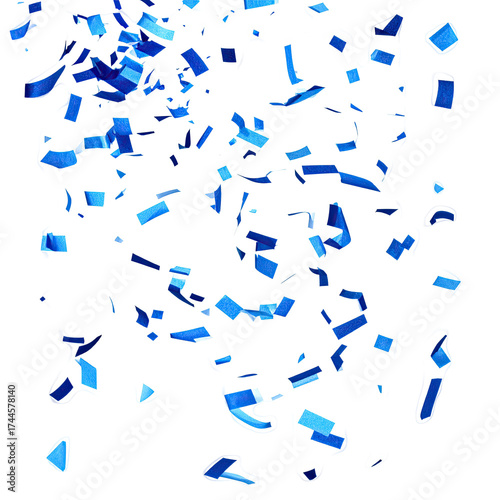 A vibrant splash of white paint adorned with scattered blue confetti, against a stark black background