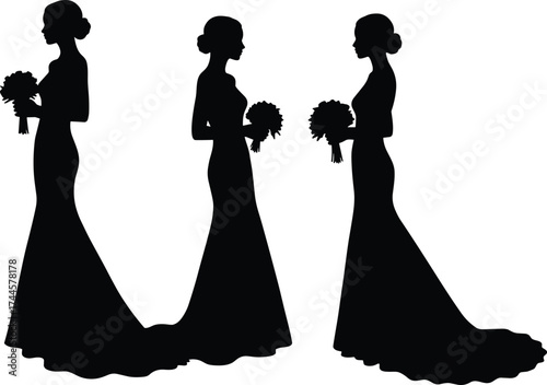 Bridal silhouette illustration, elegant wedding dress sketch, bouquet and train design, side profile fashion art, graceful bride concept drawing