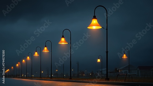 Elegant Street Lamps Illuminating a Dark, Rainy Evening Pathway at Dusk