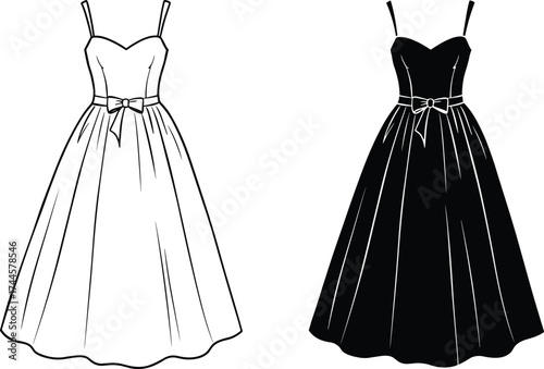 Elegant fashion dress illustration, black and white contrast, vector style, formal gown design, sweetheart neckline, bow waist, floor length, stylish