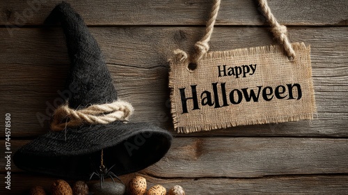Cozy Halloween Decor with Witch Hat and Burlap Sign in Warm Wood Setting