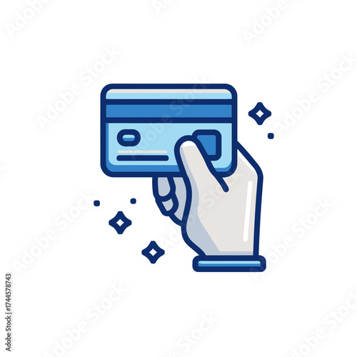 Hand holding a sleek, stylized credit card with a clean design and subtle digital sparkles. Concept for online payment solution, financial technology application and secure transaction platform
