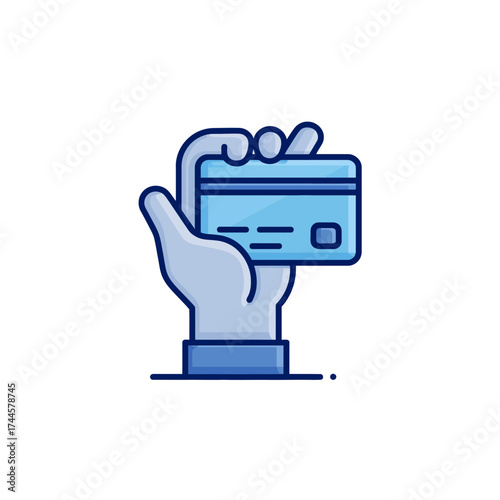 Illustration of a hand holding a stylized blue credit card with rounded edges on a white background, concept for secure online payments, cashless transactions and financial technology