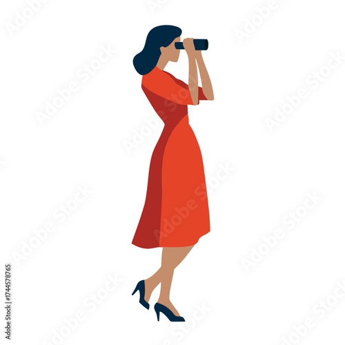 Woman in red dress looking through binoculars standing, searching, and observing at distance. Concept for future planning, strategic foresight and professional advancement