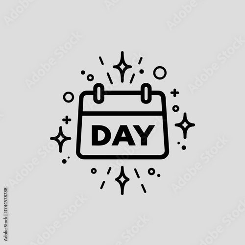 Stylized calendar icon with the word DAY in bold, surrounded by sparkling elements on a grey background, concept for event promotion, schedule management and reminder application