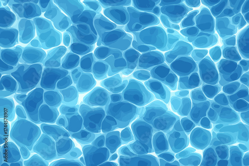 Seamless illustration of blue water surface with sun reflections and wavy pattern. Concept for summer backgrounds, swimming pool design and refreshing water element illustrations