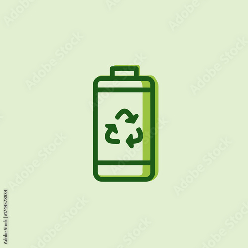 Green battery icon with recycling symbol depicted on light background in minimalist style, concept for sustainable energy, environmental conservation and eco-friendly technology