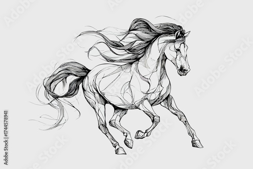 Artistic depiction of a galloping horse in black and white line drawing style, flowing mane and tail create movement, concept for equestrian themes, creative illustrations and elegant decoration