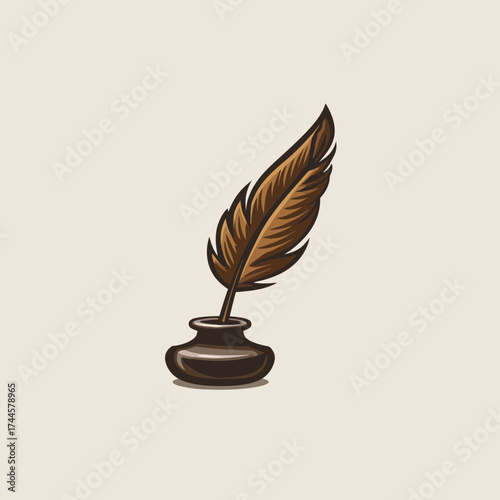 Vintage brown feather quill pen standing in a ceramic inkwell with intricate design, concept for historical writing, classic calligraphy and antique document illustration