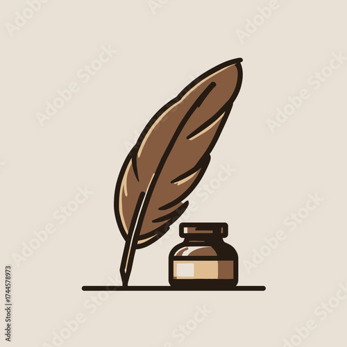 Stylized feather quill and inkwell illustration on a plain background with simple linework and muted tones, concept for historical documentation, creative writing, and vintage stationery design