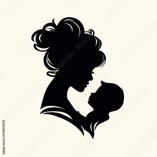 Elegant silhouette illustration depicting a mother tenderly holding her baby, evoking a sense of love and connection. Concept for motherhood celebration, family health care, and baby product