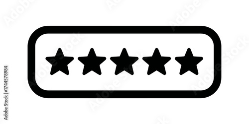 Five star rating in black outline within a rounded rectangle shape on a white background, concept for customer feedback, service quality and rating system