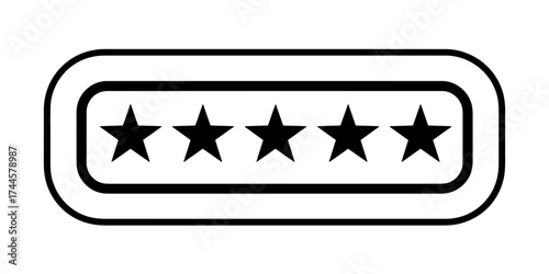 Illustration of five black stars aligned inside a rounded rectangle shape with double border, concept for customer review, feedback evaluation and rating system