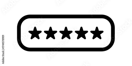 Five stars in a rounded rectangle, displayed in solid black and white design. concept for customer feedback, service evaluation, and rating system