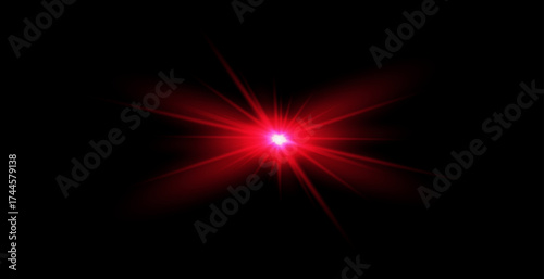 Red light effect reflections, neon illumination in red colors. Bright light lens. Police light effects, lines. Shiny stars, glowing sparks on a black background.