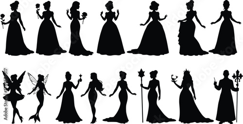 Fantasy character silhouettes, royal and fairy design, elegant dress sketch, magical pose illustration, costume concept art, storytelling fashion icons