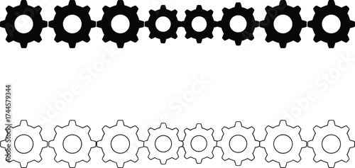 Gear icon set, black and white line art, filled and outline gears, mechanical symbols, minimal design, comparison puzzle illustration
