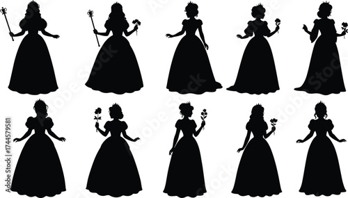Princess silhouette vector set, regal gown illustration, black fashion icons, crown and scepter, elegant character design, royal costume graphic