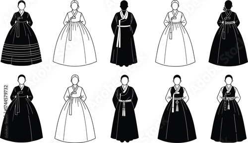 Traditional Korean hanbok illustration, cultural fashion sketch, black and white attire design, ceremonial outfit concept, heritage clothing art, style variation