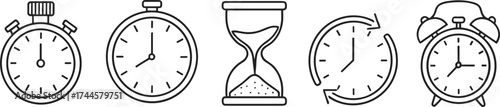 Timekeeping icons, stopwatch, analog clock, hourglass, alarm clock, cycle time symbol, black and white line art, minimal style illustration