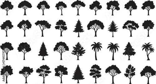 Tree silhouette icon set, diverse foliage shapes, black design, nature illustration, botanical reference, landscape elements, minimal forest graphics