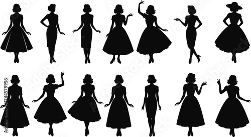 Vintage dress silhouette set, mid-century fashion illustration, 1950s style sketch, elegant pose design, retro outfit concept, cultural fashion art