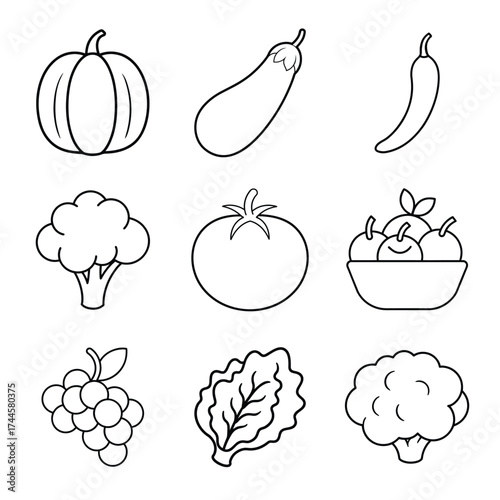 Minimalist Outline Fruit and Vegetable Icons Set, Healthy Food Graphics