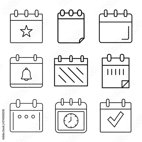 Outline Calendar Icons Set, Events, Schedule, Reminders, Time Management Vector Collection