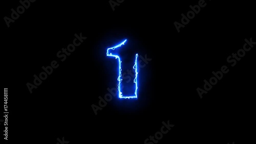 Digital illustration with text and numbers moving from 5 to 1 in glowing neon blue as a technology concept.