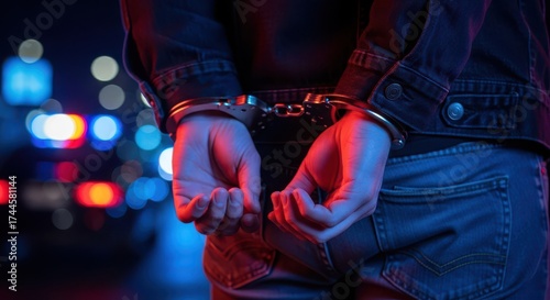 Person in handcuffs with blurred police lights in the background at night