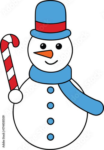 Cute Cartoon Snowman with Blue Hat Scarf and Candy Cane