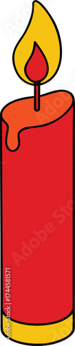 Cartoon Red Candle with Melting Wax and Bright Flame Vector Illustration