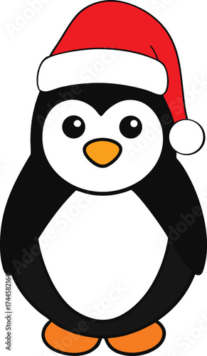 Cute Cartoon Penguin with Santa Hat, Christmas Holiday Vector Illustration