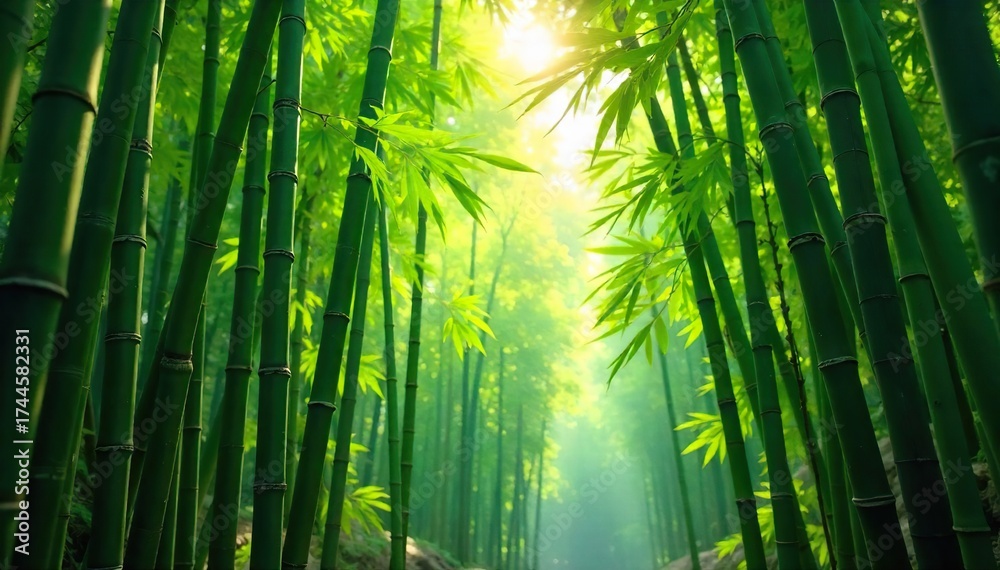 Fototapeta premium Serene Sunlight Filtering Through Lush Bamboo Grove Peaceful Asian Nature Scene