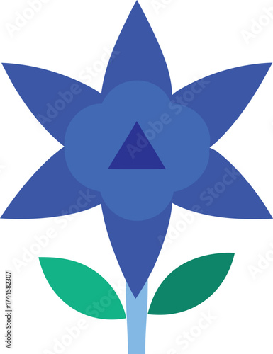 Stylized Blue Geometric Flower with Green Leaves and Triangle Center, Flat Design Vector
