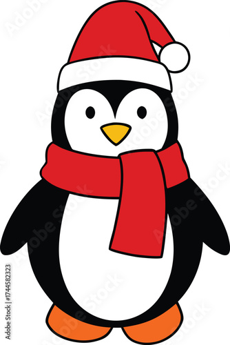 Cute Christmas Penguin Wearing Santa Hat and Red Scarf Vector Illustration