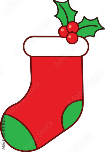 Festive Christmas Stocking with Holly Berries Vector Illustration