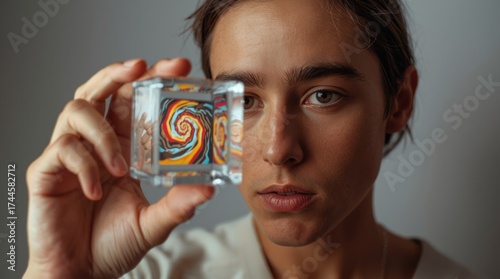 Young person holding a colorful glass cube with a spiral design, showcasing creativity indoors