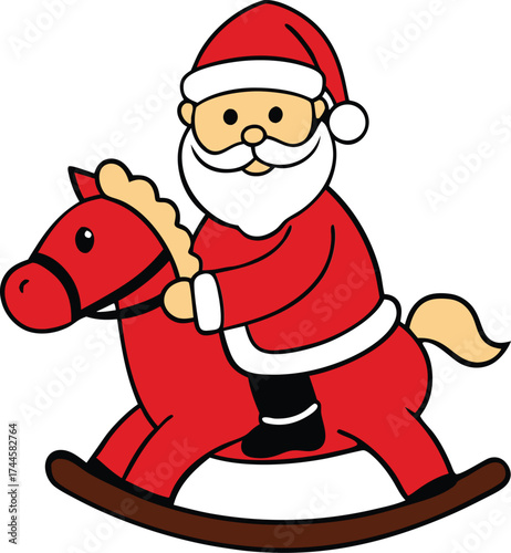 Cartoon Santa Claus Riding Red Rocking Horse Christmas Holiday Vector Illustration