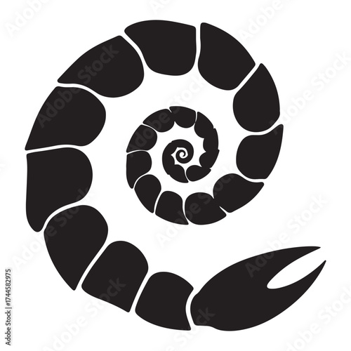Abstract black scorpion tail spiral silhouette on white background
