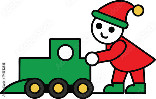 Cartoon Christmas Elf Pushing Green Toy Train Illustration