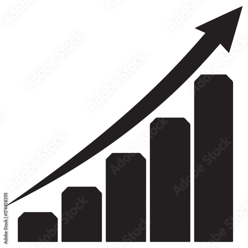 Black and white bar graph with upward trending arrow showing growth and success