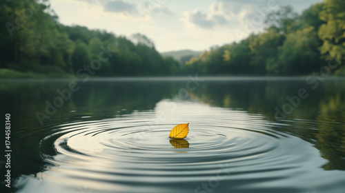 A single leaf floating on the surface of a calm pond, surrounded by ripples and soft reflections of the sky and surrounding trees